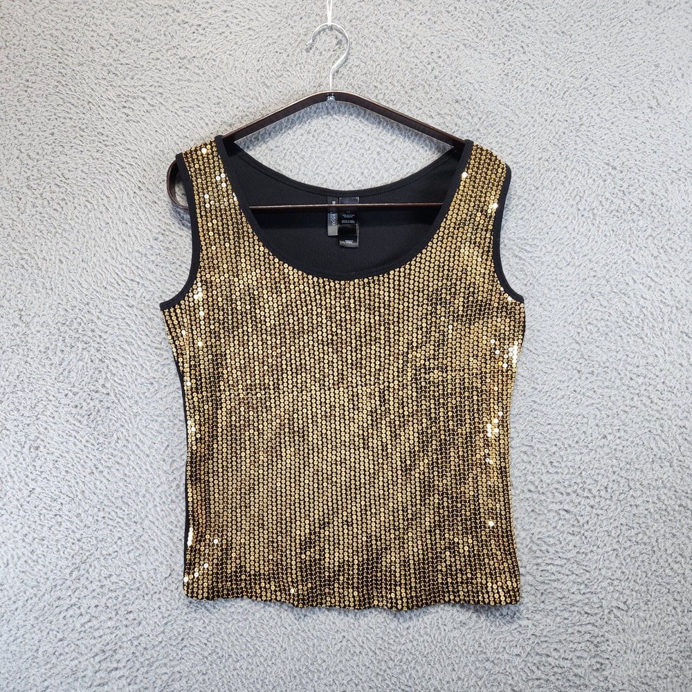 Bisou Bisou Women's Large Black Gold Sequin Tank Top 100% Cotton Feminine Party
